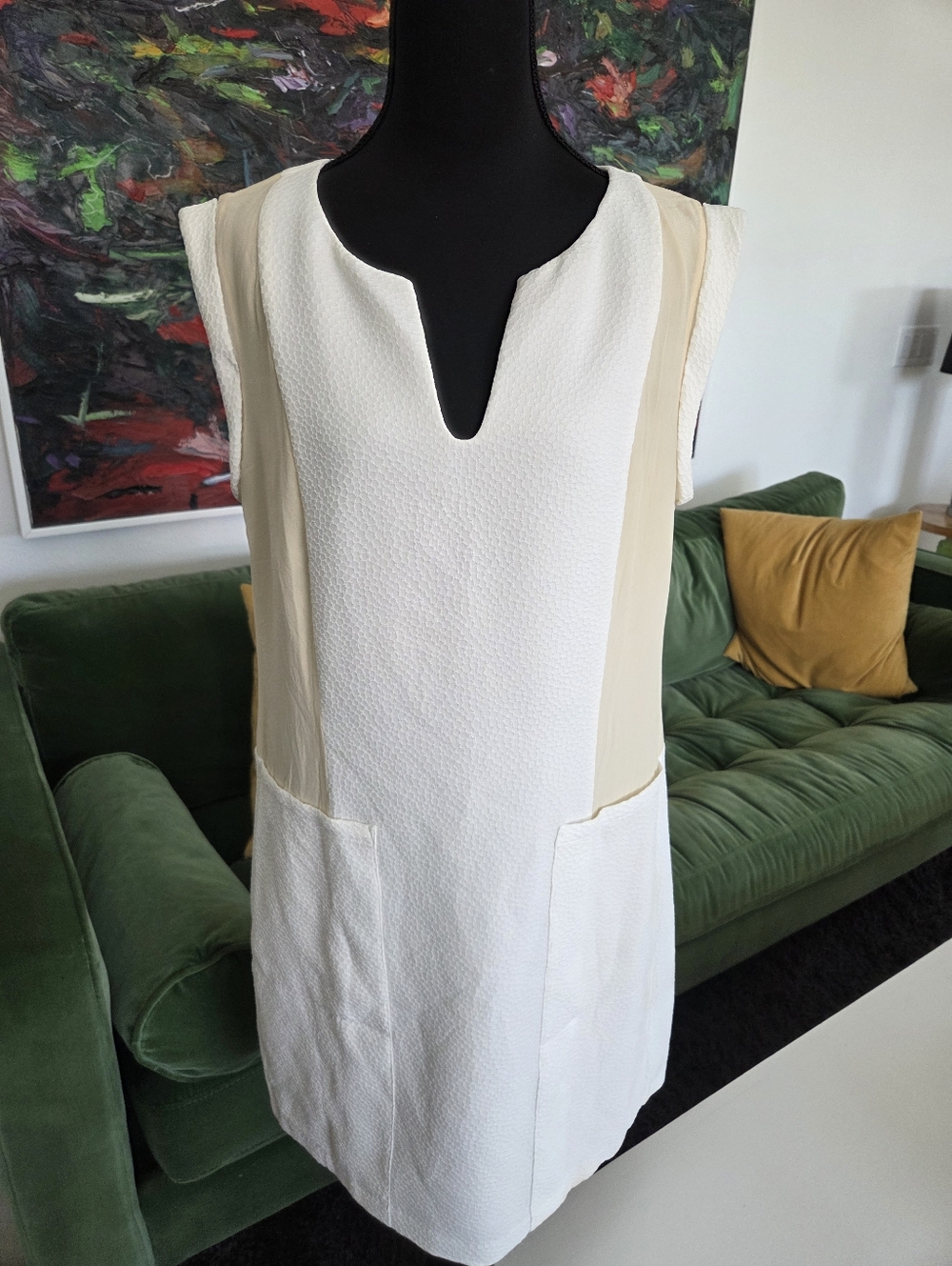 Rebecca Taylor Ivory White Textured Shift Dress with Cream Silk Panels, Size 8 - Picture 5 of 9